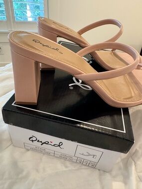 Qupid Nude Square Block Heel Slide Sandals